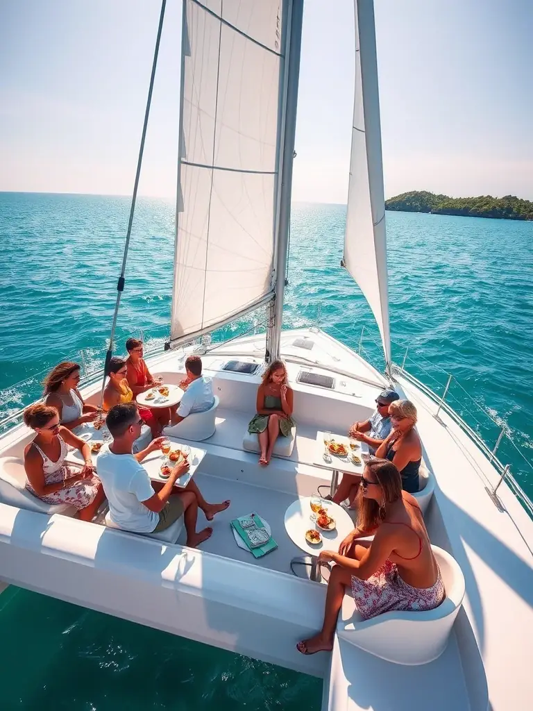 A luxurious catamaran sailing on calm, turquoise waters, with a group of elegantly dressed clients enjoying drinks and canapés, symbolizing a VIP experience.