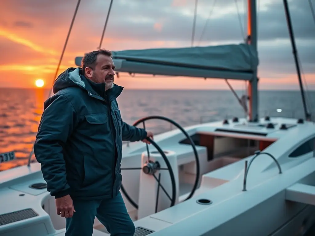 A manager is seen confidently steering a catamaran, with the sun setting in the background, symbolizing leadership and control gained through the Achilles Challenge.