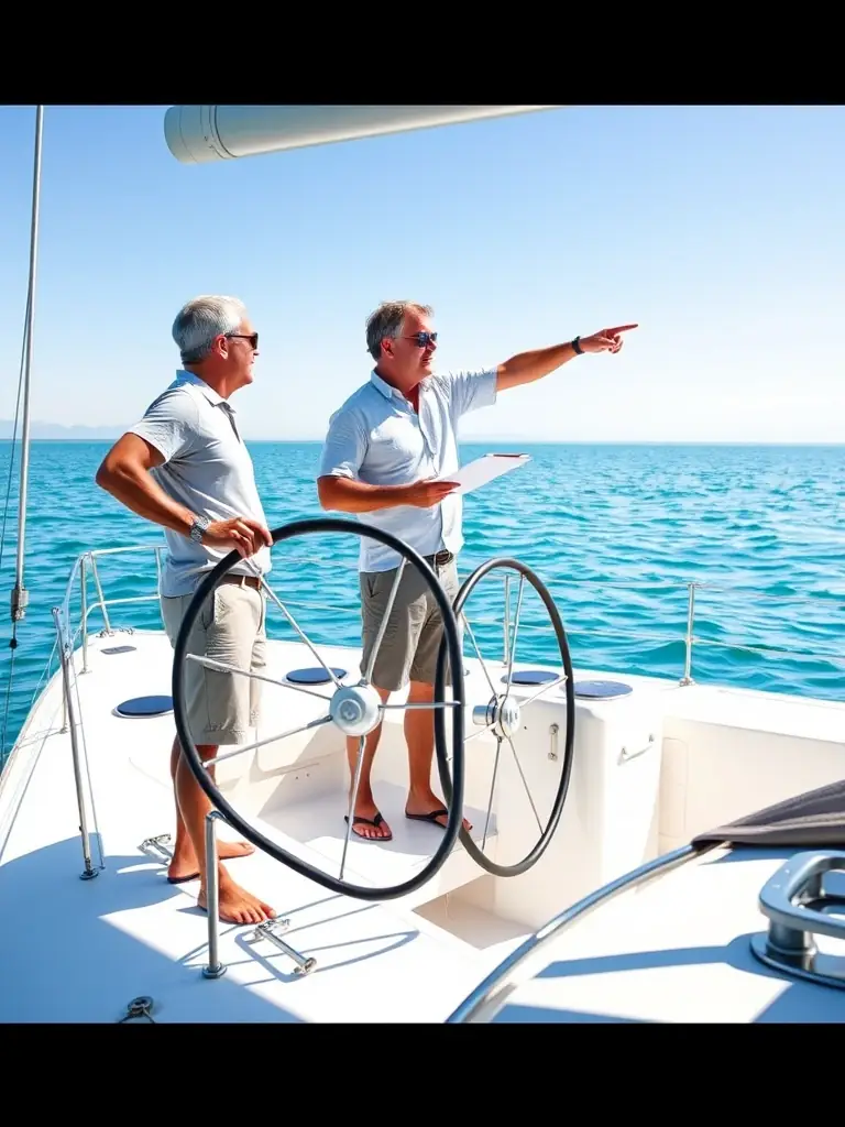 A manager at the helm of a catamaran, receiving guidance and feedback from an experienced instructor, showcasing the manager assessment program.