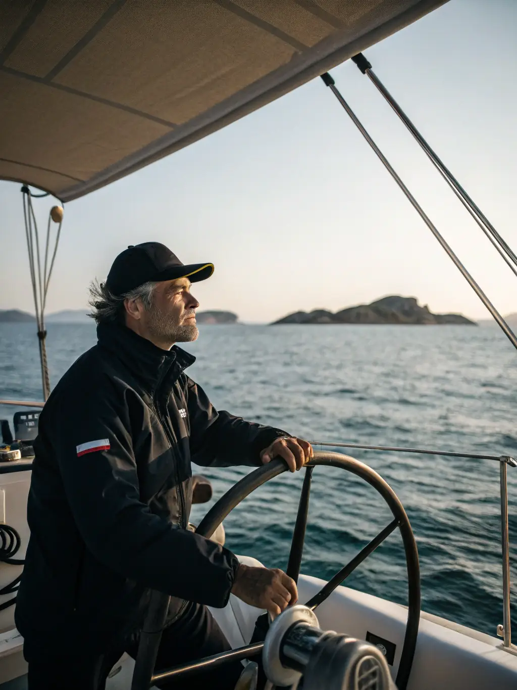 A focused image of a manager piloting the catamaran, with an instructor providing feedback, illustrating the 'Test de Manager (Pilotage / Feedback)' service.