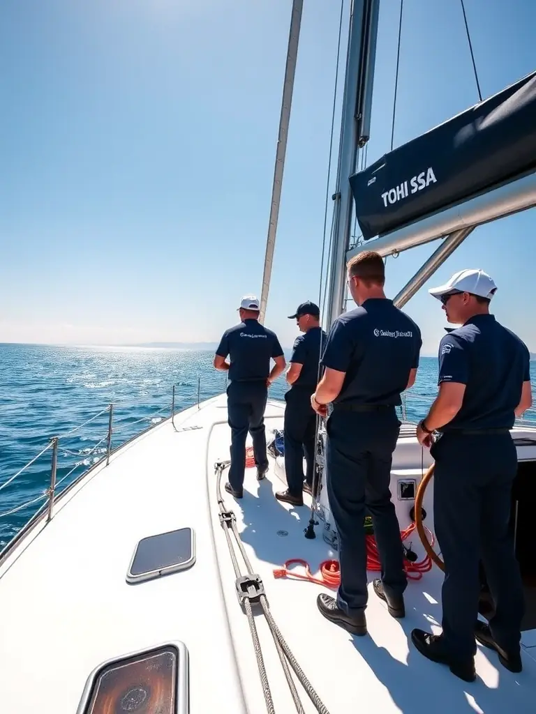 A high-quality photo of a team participating in a sailing activity on a catamaran, showcasing teamwork and leadership skills during a 'Journée Leadership / Team Building' experience.
