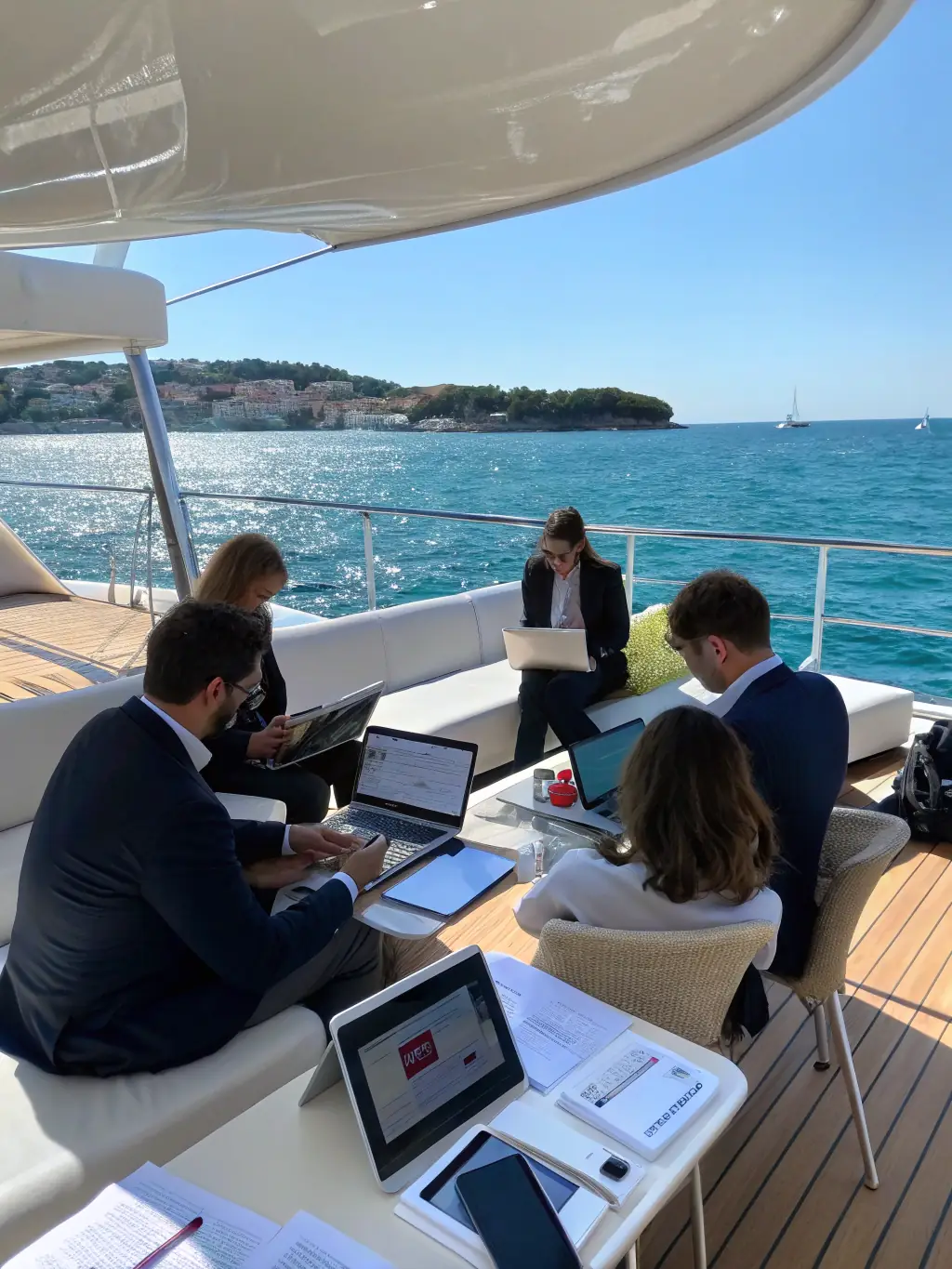 A group of professionals participating in a team-building exercise on a catamaran, focusing on communication and problem-solving, with the beautiful Côte Bleue coastline in the background.