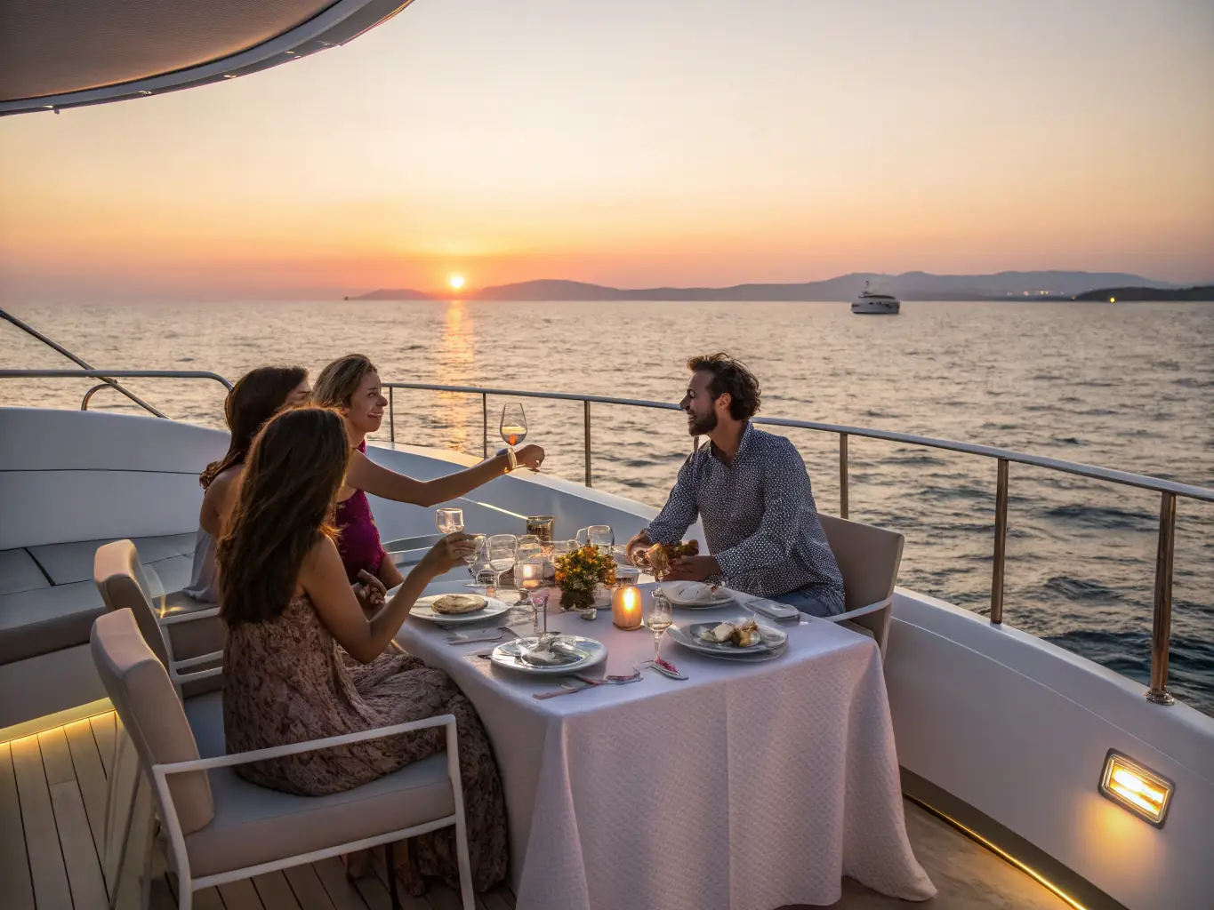 A group of VIP clients are enjoying a sunset cruise on a catamaran, sipping champagne and networking, illustrating the VIP client day experience offered by Achilles Challenge.
