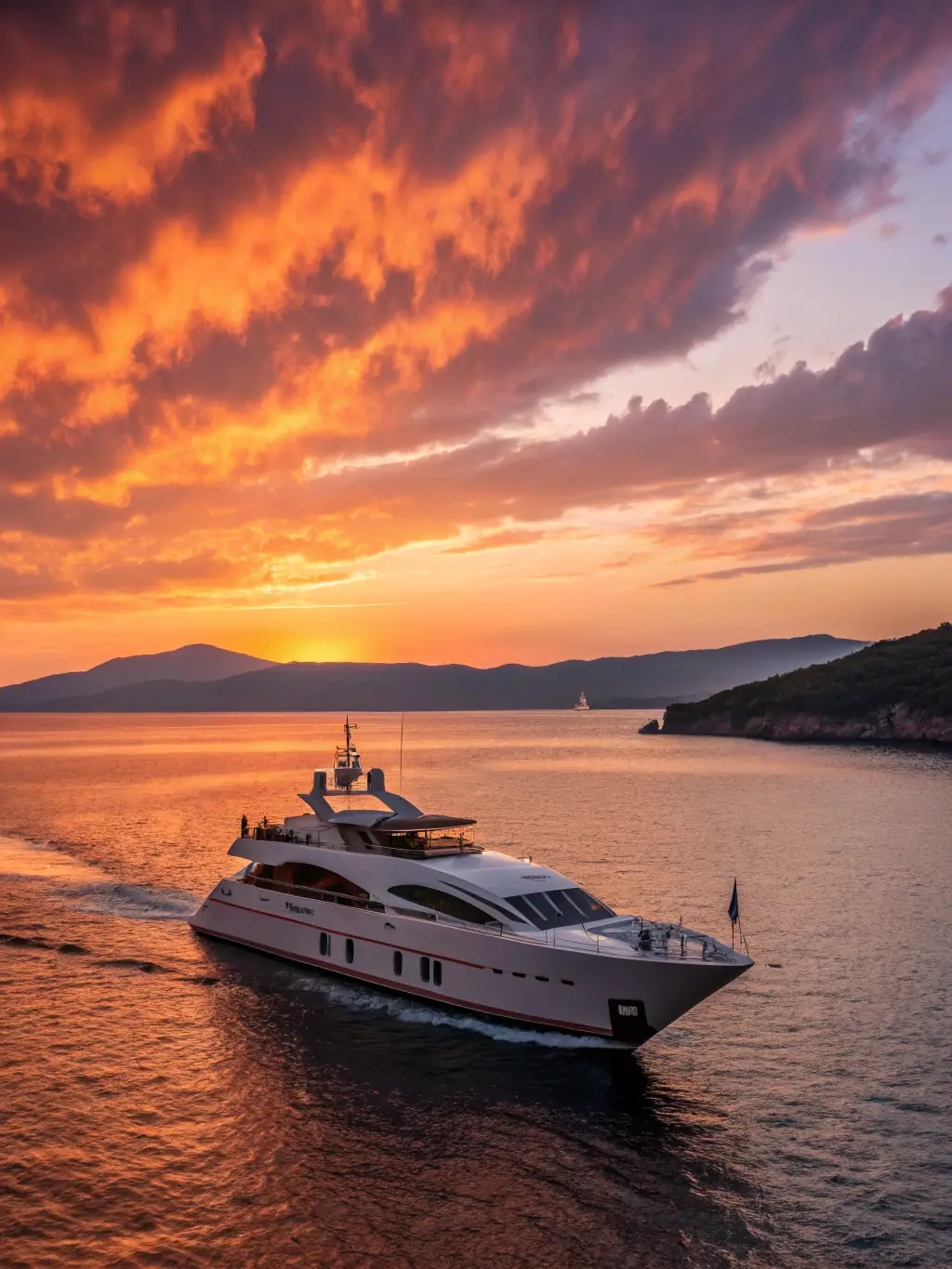 A catamaran silhouetted against a vibrant sunset over the Mediterranean Sea, with people relaxing and enjoying drinks on deck, representing a sunset/after-work event.
