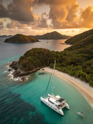A picturesque image of a catamaran sailing during sunset, with people enjoying drinks and appetizers, capturing the essence of the 'Soirée Coucher de Soleil / Afterwork' experience.