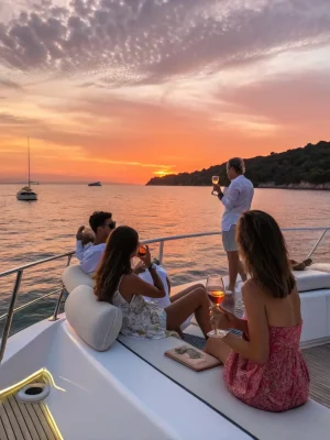 An elegant image of a catamaran sailing at sunset, with a group of VIP clients enjoying drinks and canapés, representing the 'Journée Client VIP' experience.